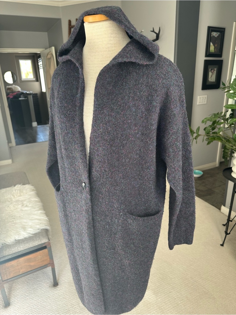 Uniqlo Hooded Knit Coat 100% Wool size Small - Picture 5 of 13